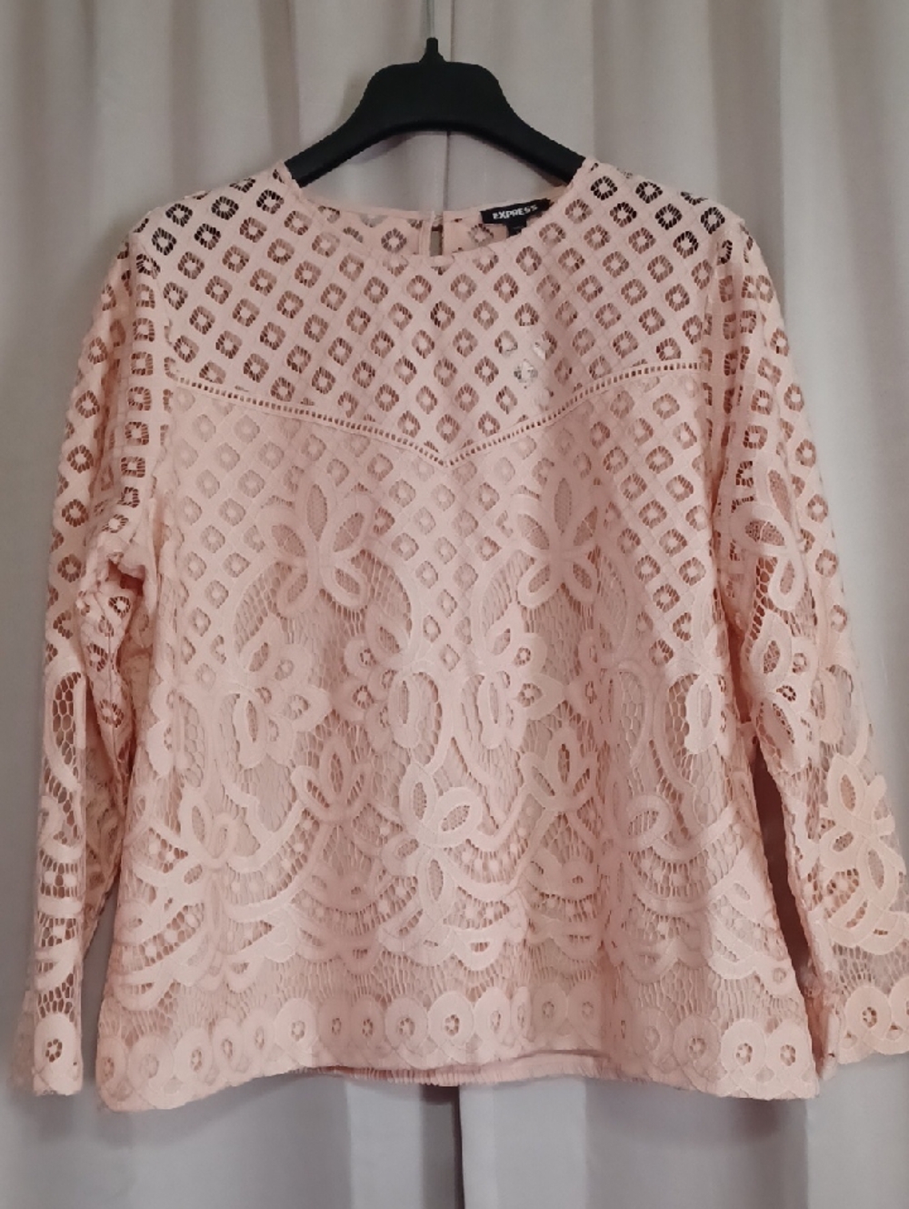 Express Blush Pink Lace Long Sleeve Blouse Sheer Sleeves Eyelet Back New